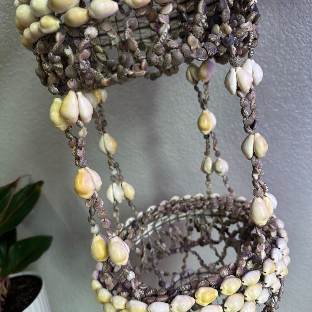 1970's Vintage Sea Shell Hanging Plant Holder Coastal Boho Mobile Chandelier - Picture 4 of 8